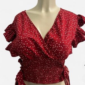 SHEIN Red Ruffle Sleeve Polka Dot Blouse